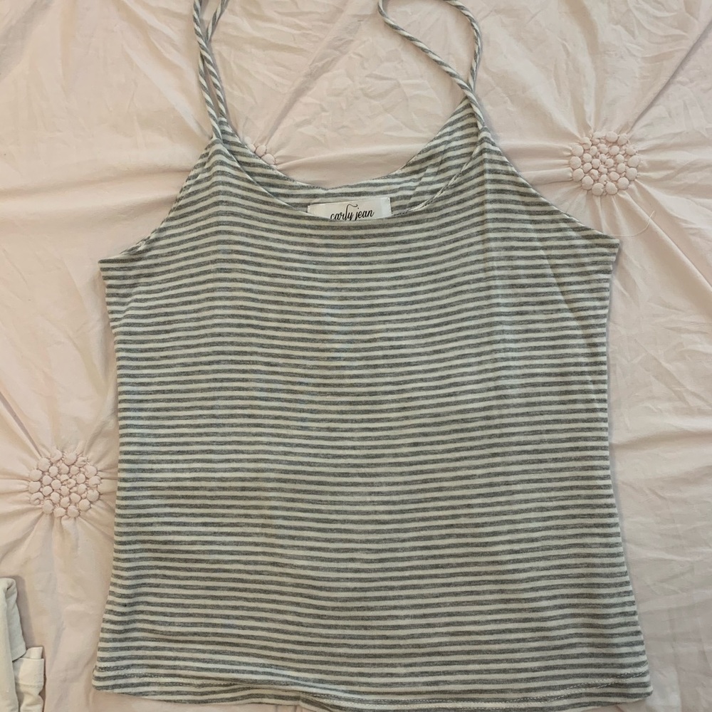 CJLA gray/white striped spaghetti strap fitted top